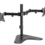 Soporte de escritorio para dos monitores de 32" con base y ranura para teléfono